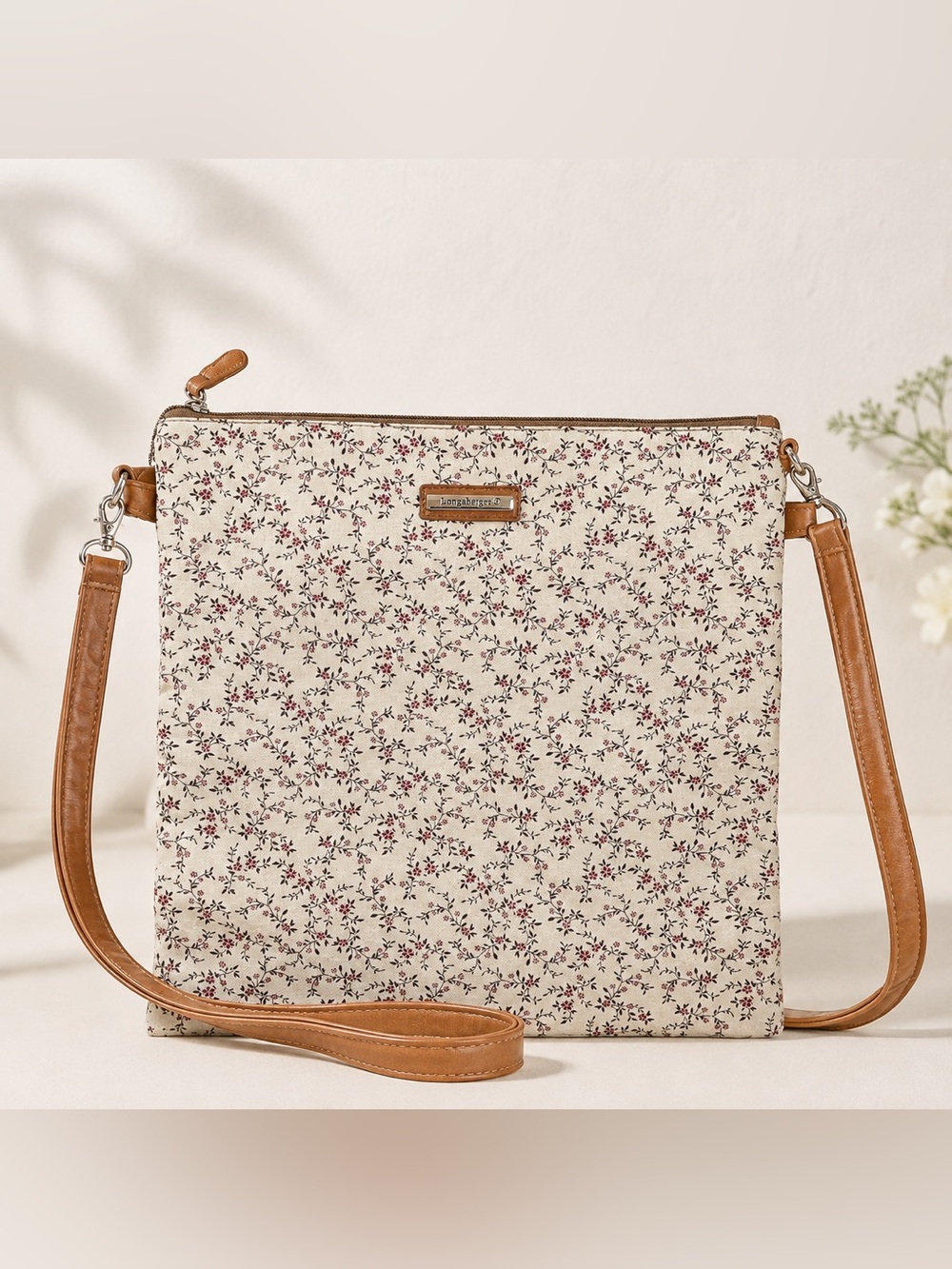 Longaberger Floral Calico Canvas Crossbody Organizer Bag Tan 11x11